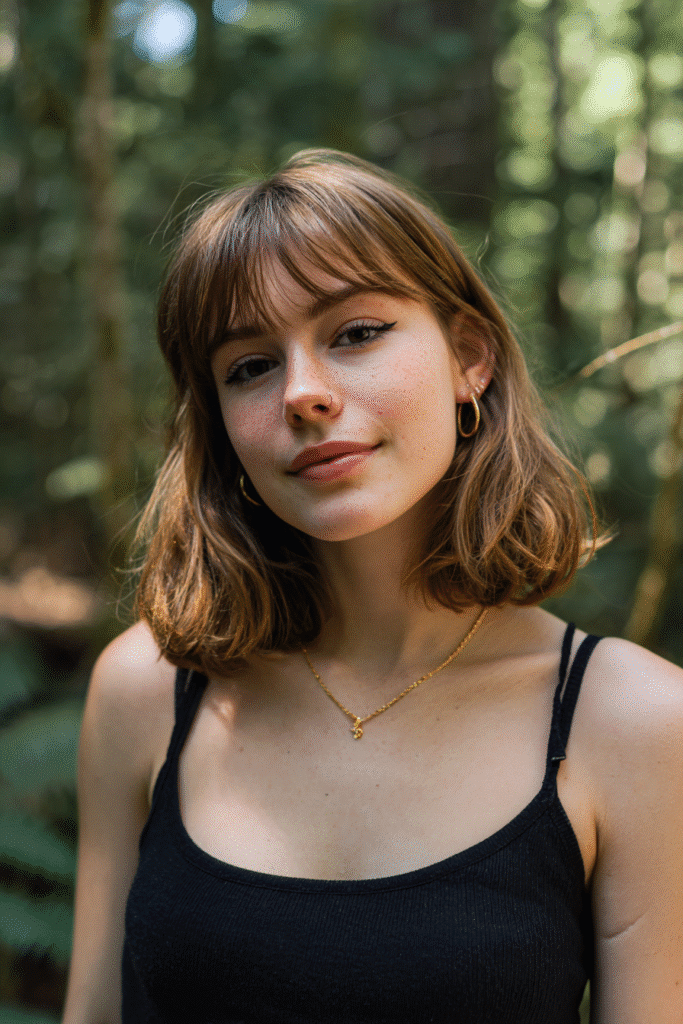 Young woman with shoulder-length layered cut, arched fringe, light brown hair, forest scene backdrop.