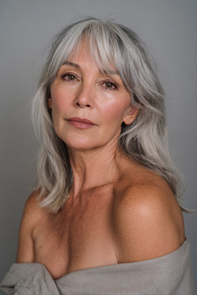 Woman over 50 with shoulder-length long layers, wispy bangs, silver highlights hair, gray backdrop.