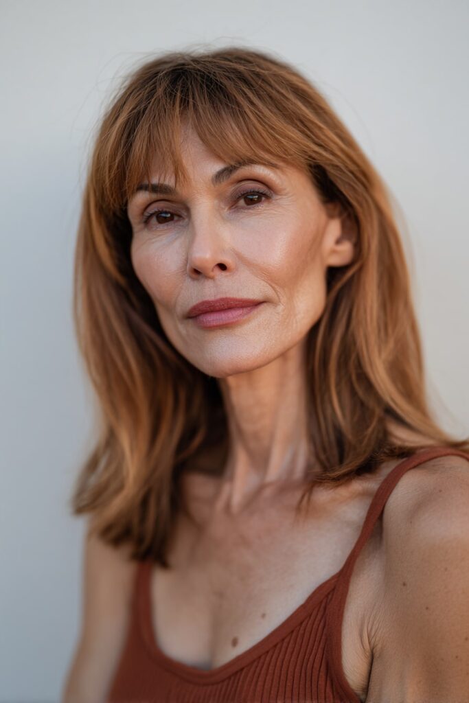 Woman over 50 with shoulder-length straight hair, wispy bangs, warm auburn hair, white backdrop.