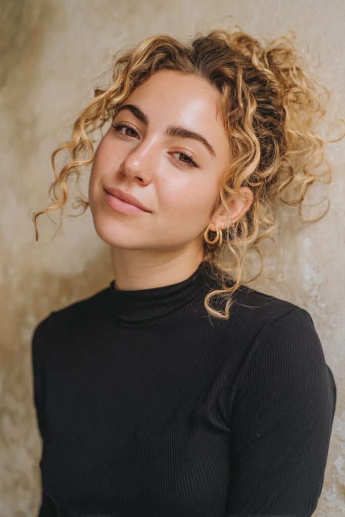 Woman with short half-up loose twists, ombre curls, ombre blonde hair, plaster backdrop.