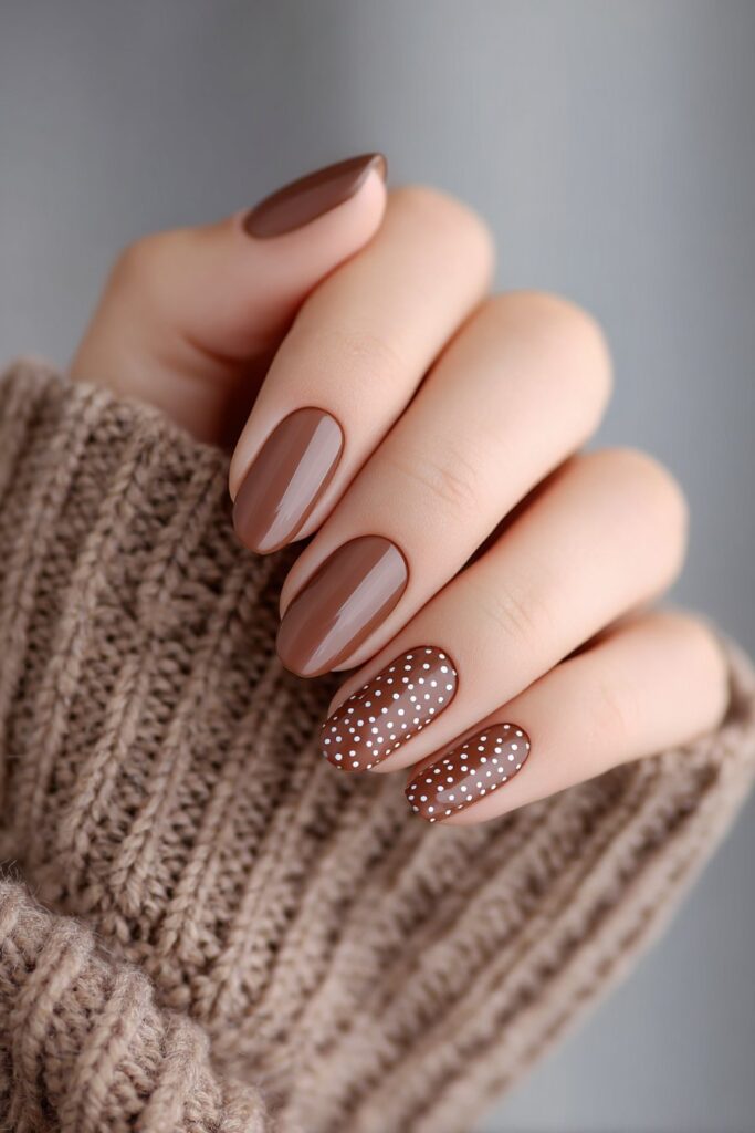 Modern matte chocolate brown nails featuring glossy dot overlays for a textured finish, elegant neutral manicure with a fashion-forward touch.