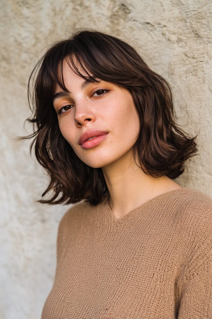 Young woman with medium-length bob, baby bangs, dark brunette hair, textured plaster backdrop.