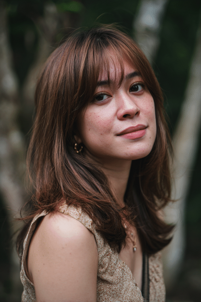 Young woman with medium-length shag, feathered bangs, natural brown hair, forest scene backdrop.