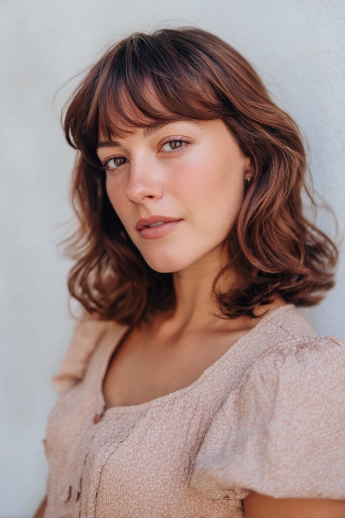 Young woman with medium-length shag, retro bangs, warm auburn hair, seamless white backdrop.