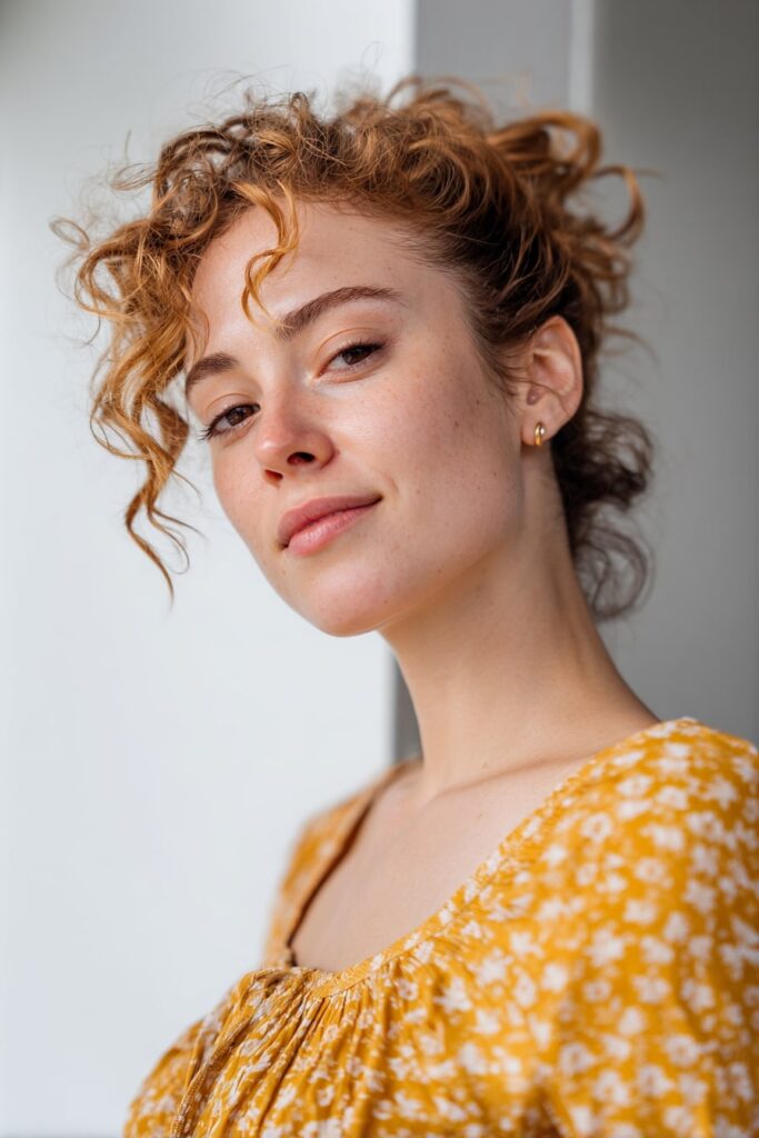 Woman with short half-up mermaid waves, twisted sides, strawberry blonde hair, white backdrop.