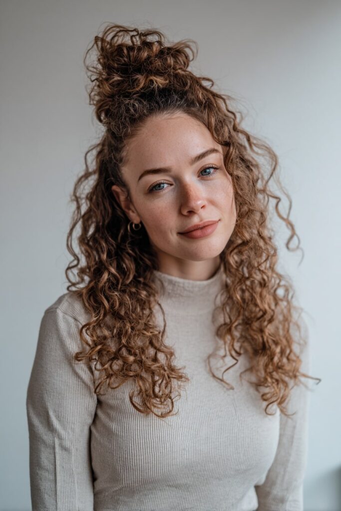 Woman with half up half down curly hair, mermaid waves, twisted sides, white backdrop.