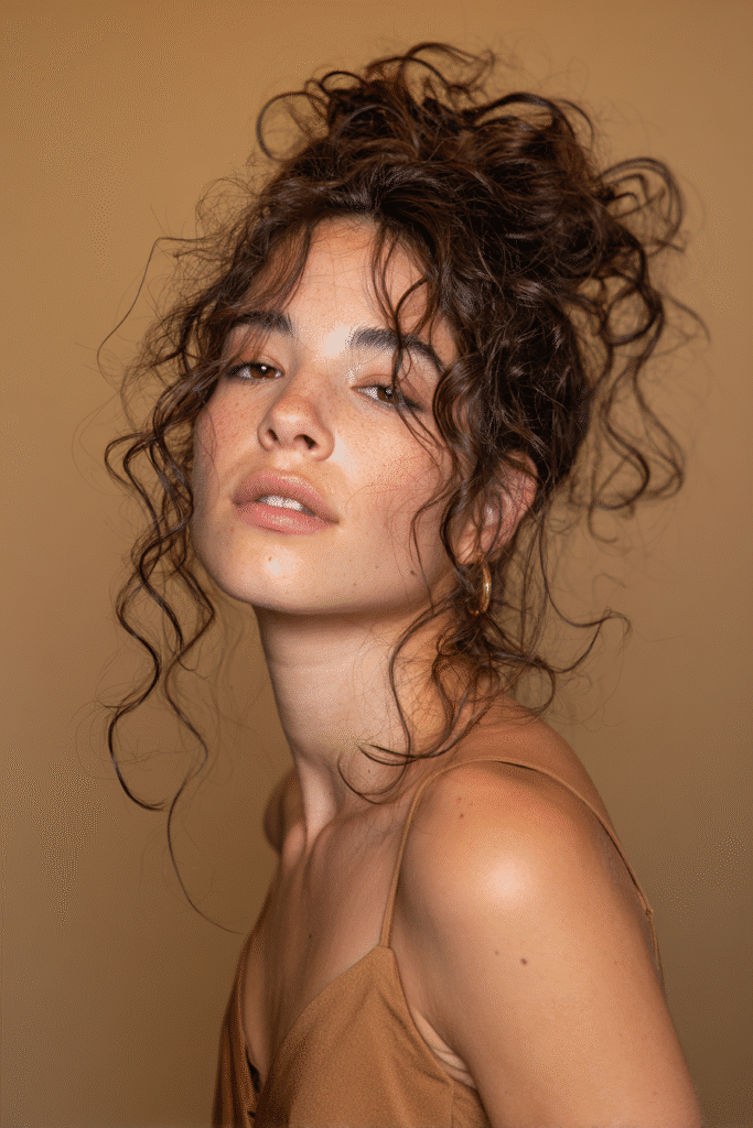 A stunning young woman in her 20s with natural skin tone, showcasing a homecoming hairstyle for curly hair with a messy curly updo, featuring a messy updo with voluminous curly hair, captured in a close-up shot focusing on the hair, photographed against a seamless warm olive backdrop with a glossy sheen. She has subtle makeup, a chic homecoming dress, realistic hair texture, warm skin tone, and a confident expression, captured with soft natural lighting and an Instagram-style beauty vibe.