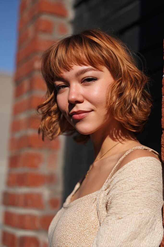 Young woman with medium-short mixie cut, baby bangs, layers, strawberry blonde hair, brick backdrop.
