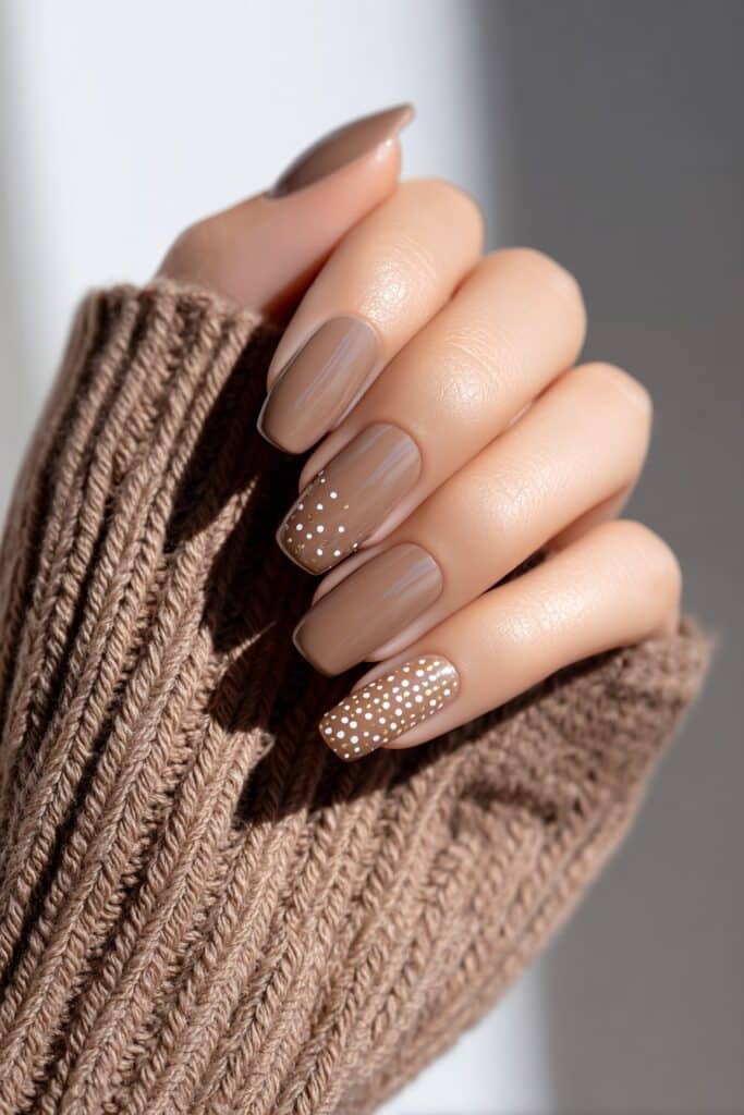 Classy mocha brown nails accented with fine white dots and gold foil details, glossy finish catching sunlight, perfect for a refined neutral nail look.