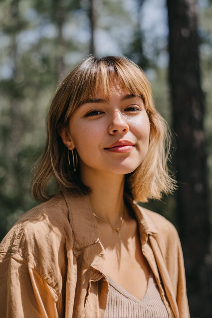 Young woman with medium-short modern mullet, soft layers, bangs, sandy blonde hair, forest backdrop.