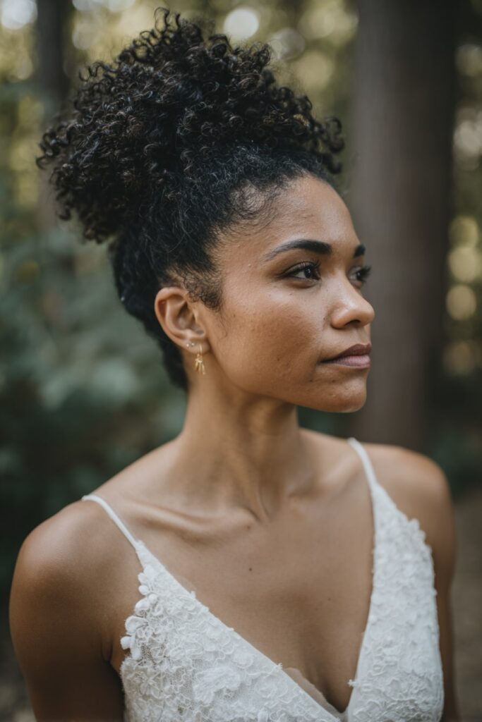 Bride with natural curly half-up, volume crown, black hair, forest backdrop.