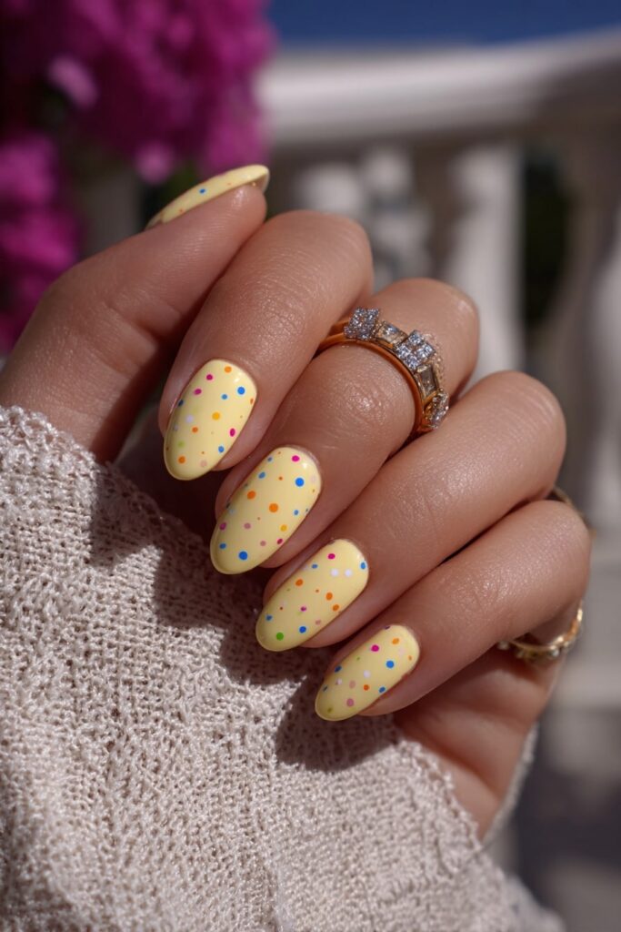 Yellow and pink polka dot nails blending warm tones for a cute, girly summer manicure.