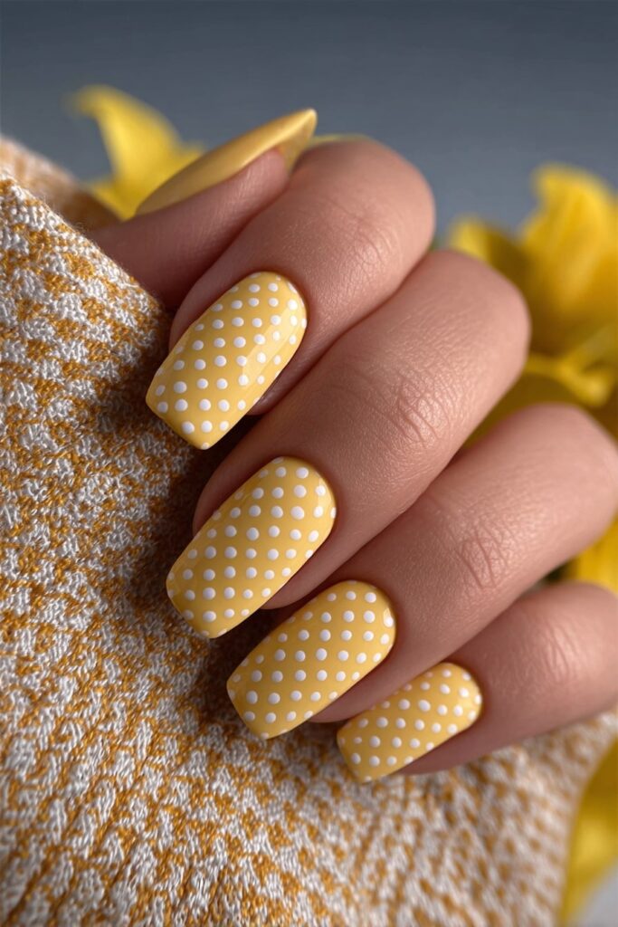 Pastel yellow and white polka dot nails featuring a soft, cheerful spring manicure design.