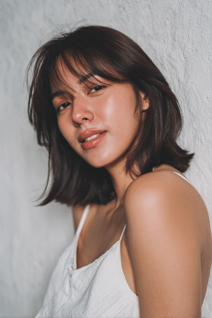 Young woman with shoulder-length piecey lob, see-through bangs, dark brunette hair, seamless white backdrop.