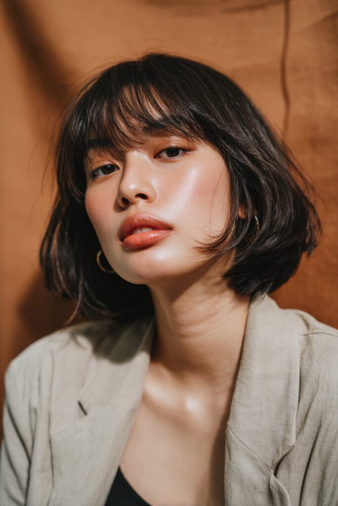 A stunning young woman in her 20s with natural skin tone, showcasing a bob hairstyle with side bangs featuring a pixie bob with side bangs, featuring a pixie bob with side-swept bangs, captured in a close-up shot focusing on the hair, photographed against a seamless warm bronze backdrop with a satin finish. She has subtle makeup, a chic outfit, realistic hair texture, warm skin tone, and a confident expression, captured with soft natural lighting and an Instagram-style beauty vibe.