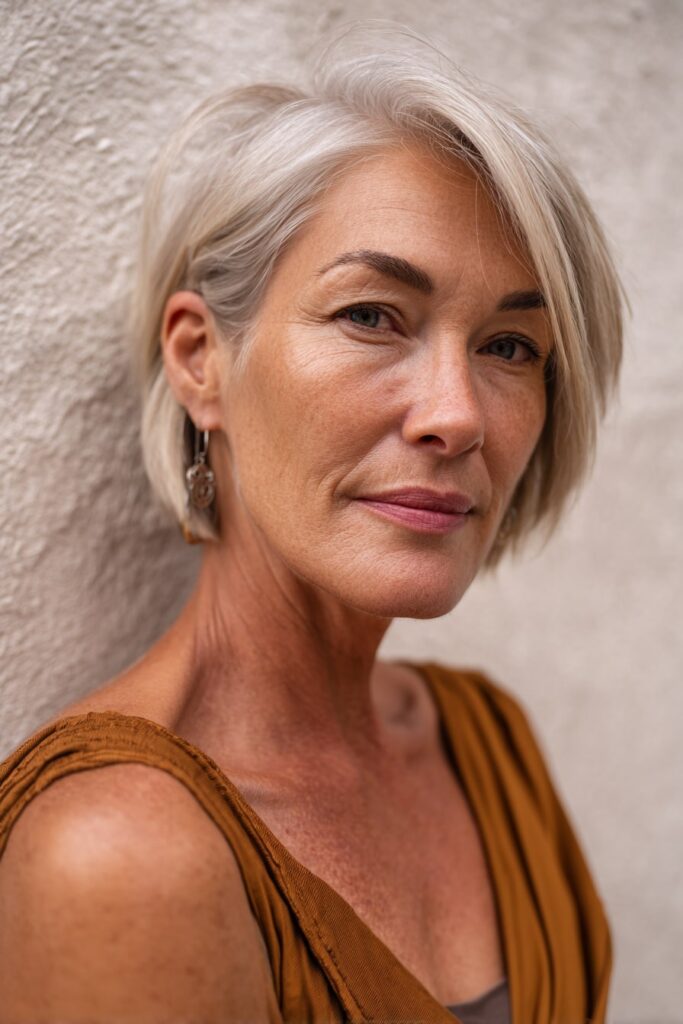 Woman over 50 with shoulder-length pixie cut, side-swept bangs, golden blonde hair, plaster backdrop.