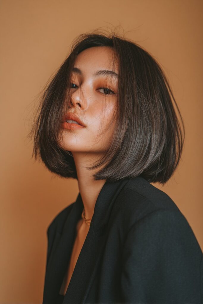 A stunning young woman in her 20s with natural skin tone, showcasing a bob hairstyle for going out featuring a razor cut bob, featuring a razor-cut bob with sharp edges, captured in a close-up shot focusing on the hair, photographed against a seamless charcoal grey backdrop with a matte finish for optimal color contrast. She has subtle makeup, a chic evening outfit, realistic hair texture, warm skin tone, and a confident expression, captured with soft natural lighting and an Instagram-style beauty vibe.