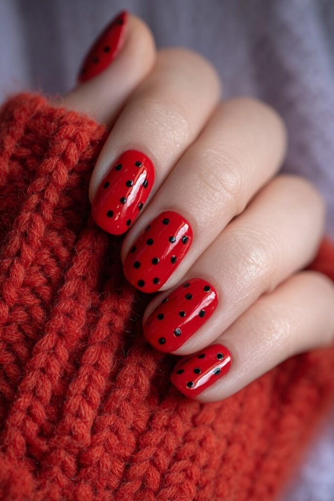 Bold red and black polka dot nails with vibrant color contrast and shiny finish.