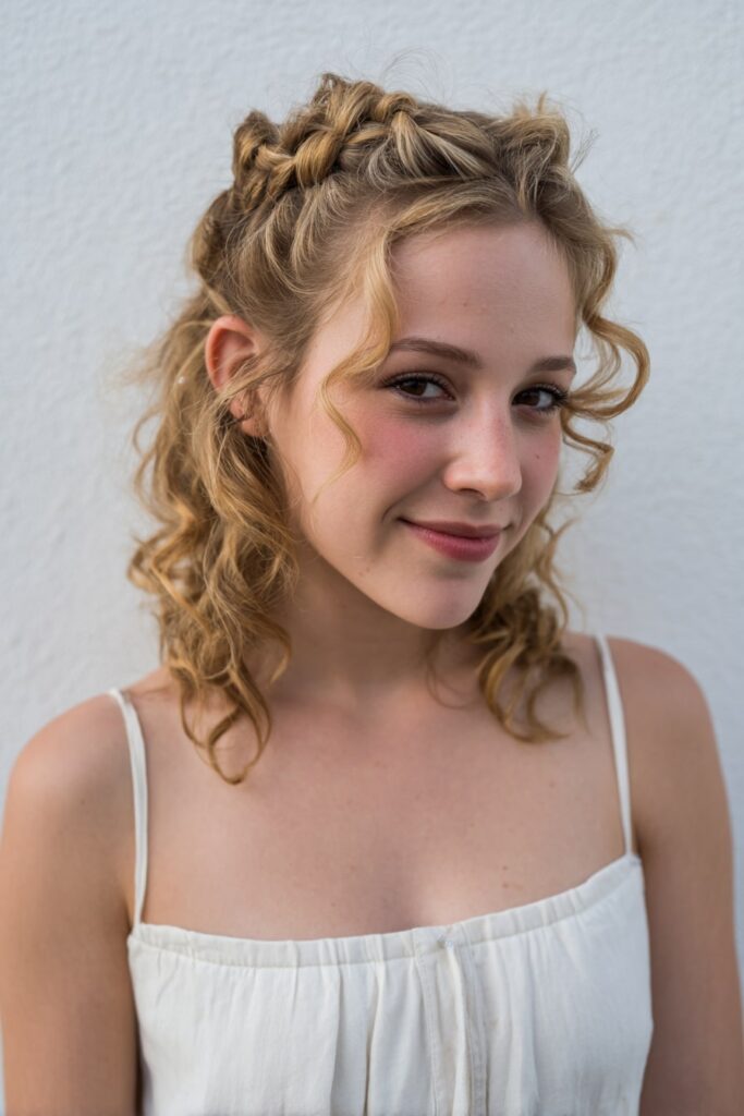 Woman with short romantic half-up, braided accents, ash blonde hair, white backdrop.