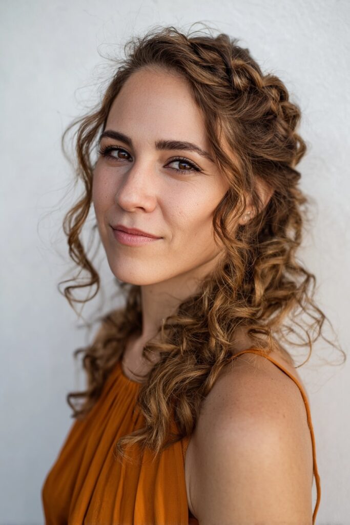 Woman with half up half down curly hair, romantic half-up, braided accents, white backdrop.