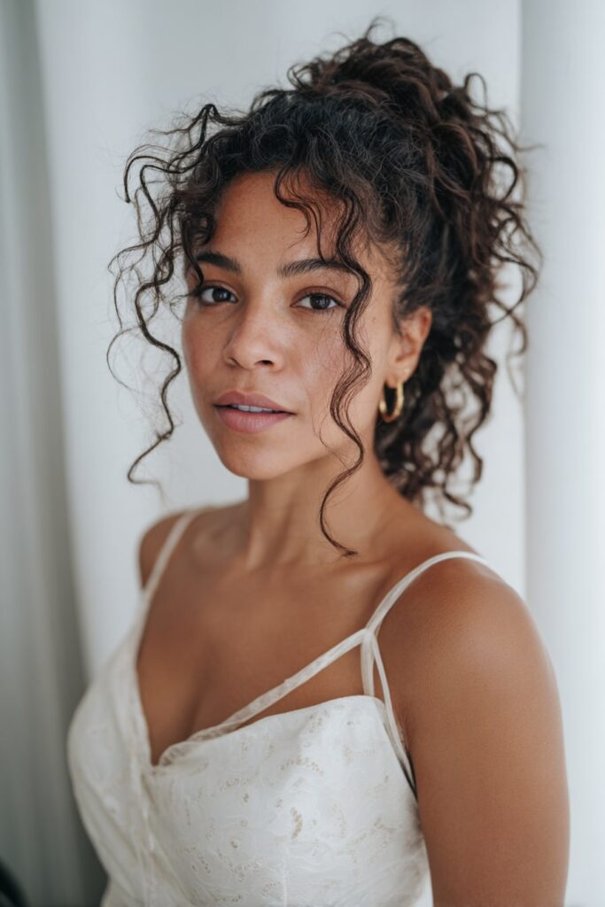 Bride with romantic twisted half-up, loose curls, natural brunette hair, white backdrop.