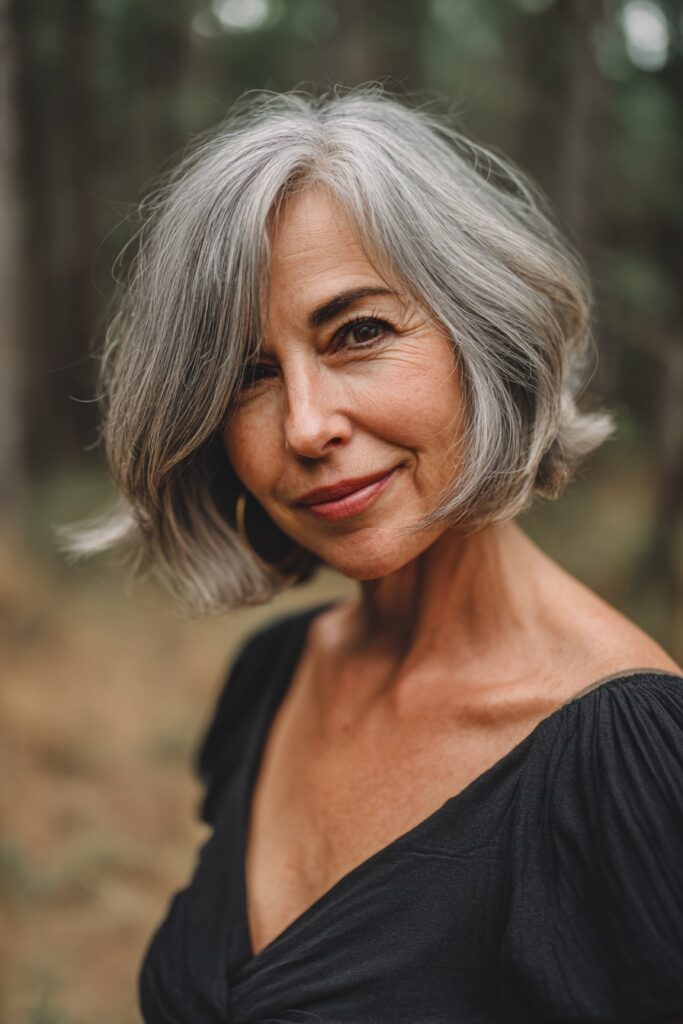 Woman over 50 with shoulder-length rounded bob, piecey bangs, natural gray hair, forest backdrop.