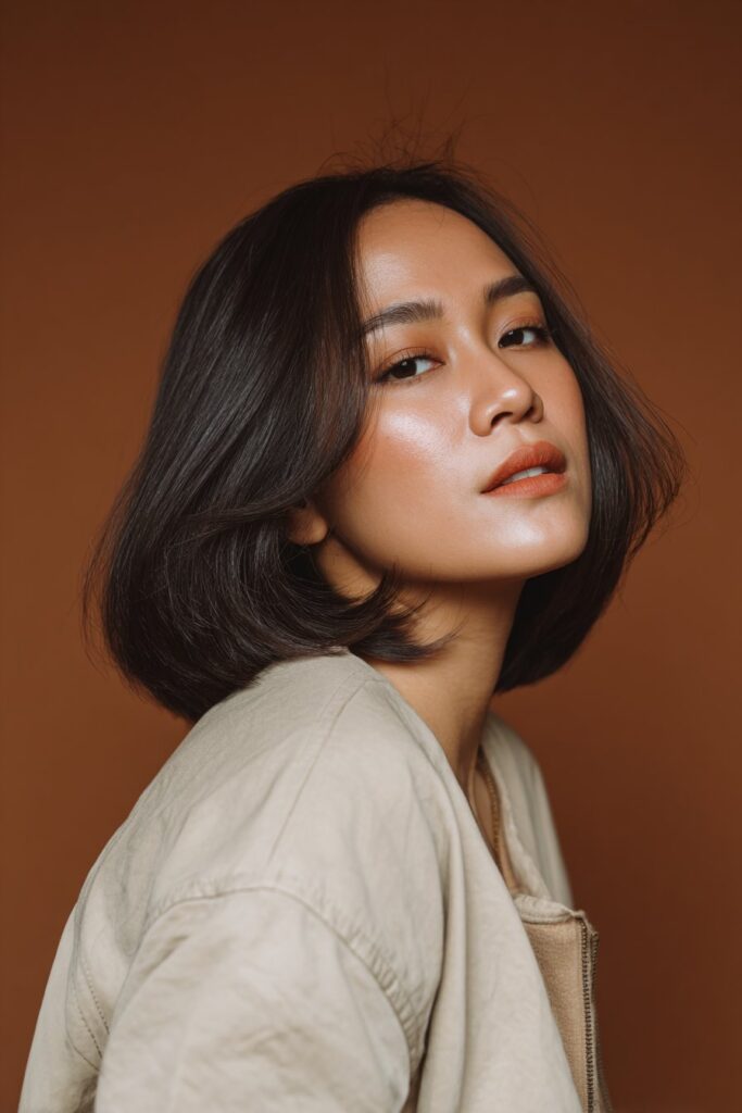 A stunning young woman in her 20s with natural skin tone, showcasing a bob hairstyle for going out featuring a rounded bob with stacked layers, featuring a rounded bob with stacked layers, captured in a close-up shot focusing on the hair, photographed against a seamless deep crimson backdrop with a satin finish for optimal color contrast. She has subtle makeup, a chic evening outfit, realistic hair texture, warm skin tone, and a confident expression, captured with soft natural lighting and an Instagram-style beauty vibe.