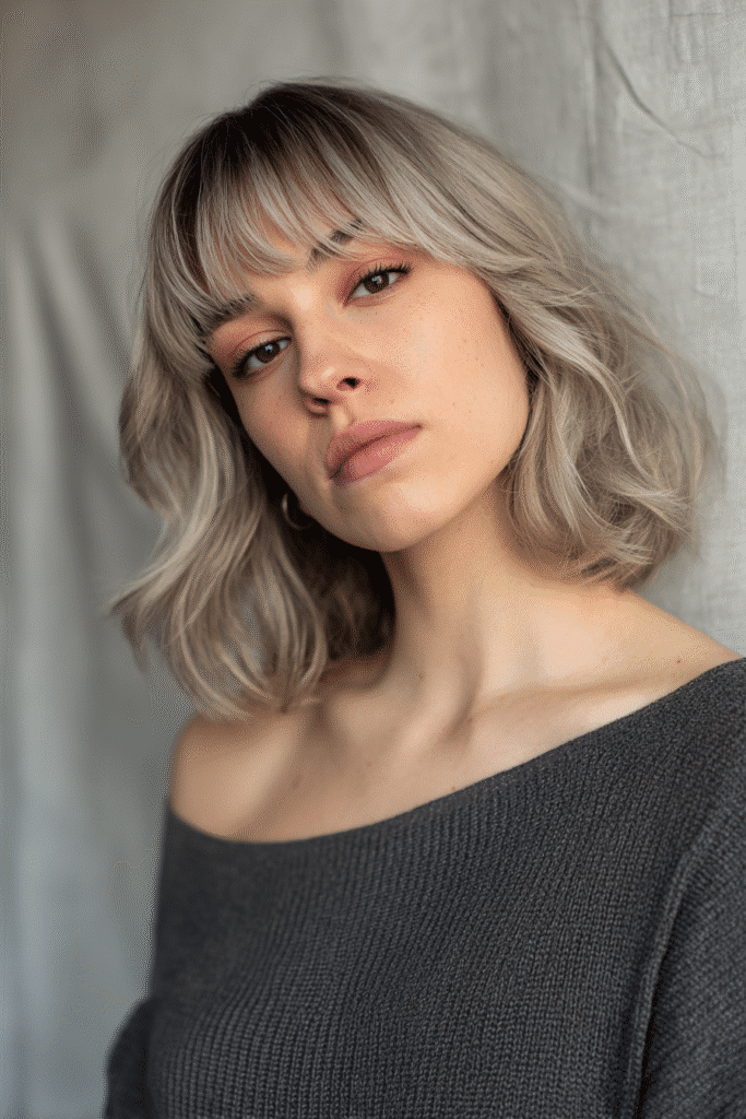 Young woman with shoulder-length rounded layers, blunt bangs, salt-and-pepper hair, soft gray backdrop.