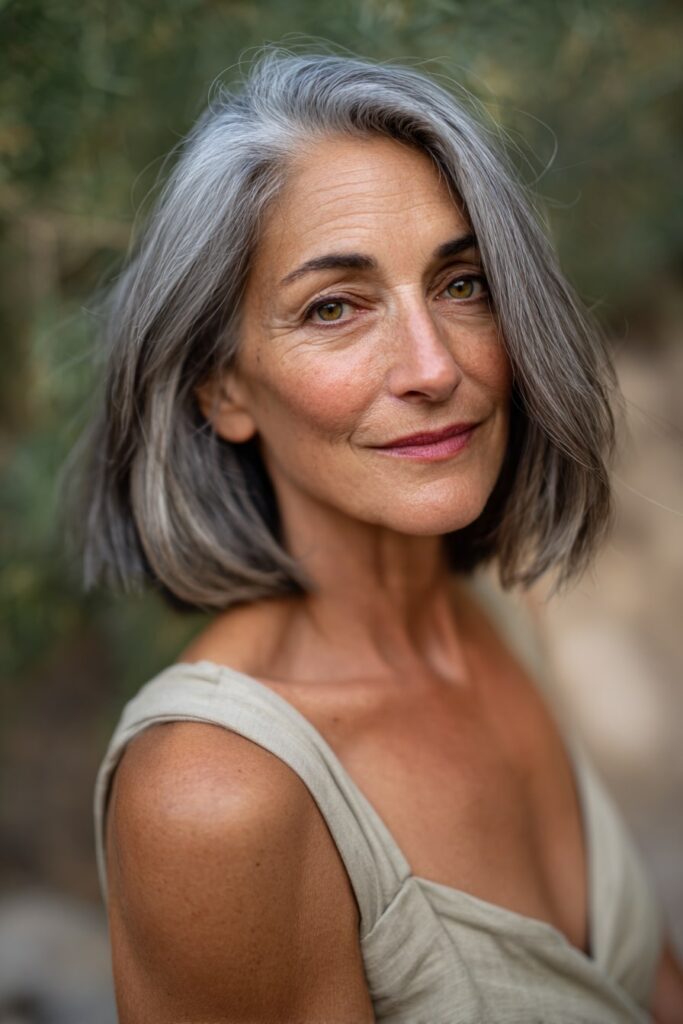 Woman over 50 with shoulder-length pixie, piecey bangs, salt-and-pepper hair, forest backdrop.