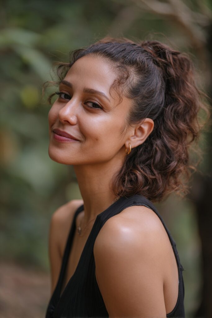 Woman with short half-up sculpted Hollywood waves, dark brunette hair, forest backdrop.