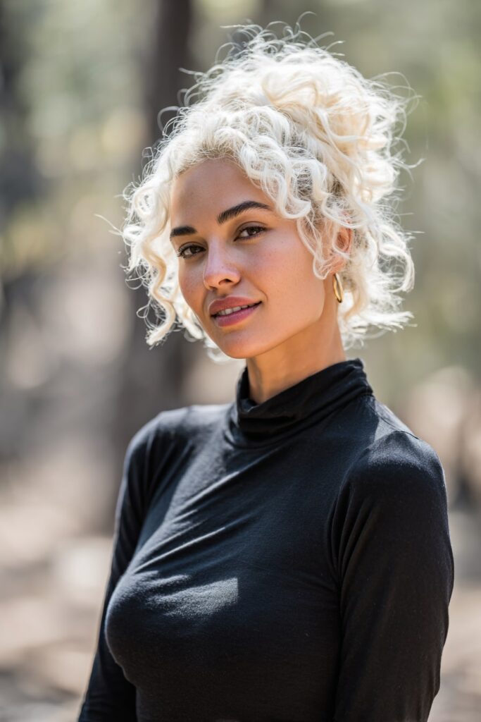 Woman with half up half down curly hair, sculpted waves, half-up style, forest backdrop.