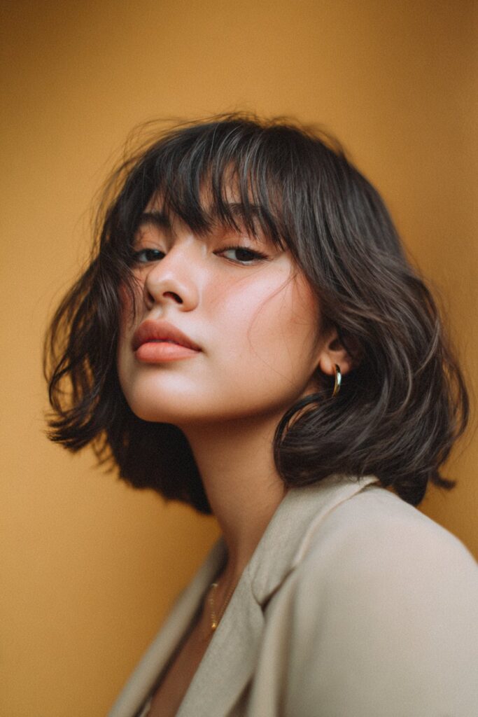 A stunning young woman in her 20s with natural skin tone, showcasing a bob hairstyle with side bangs featuring a shaggy bob with side bangs, featuring a shaggy bob with side-swept bangs, captured in a close-up shot focusing on the hair, photographed against a seamless warm sage backdrop with a glossy sheen. She has subtle makeup, a chic outfit, realistic hair texture, warm skin tone, and a confident expression, captured with soft natural lighting and an Instagram-style beauty vibe.