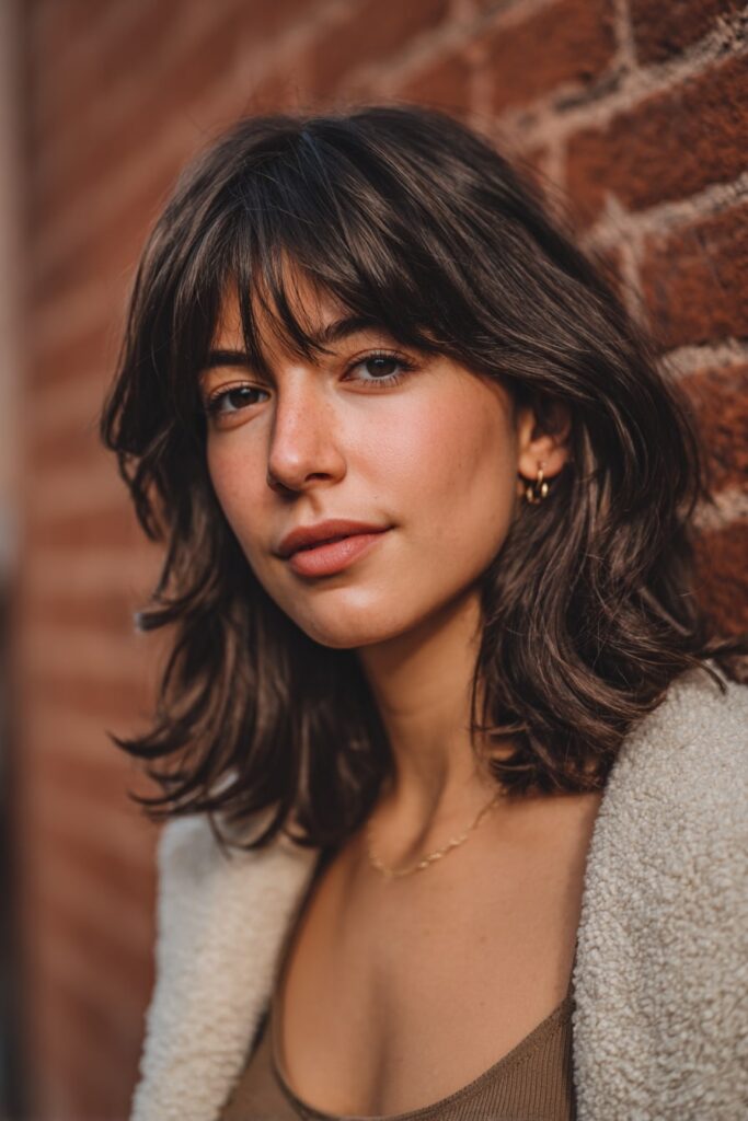 Young woman with medium-length shaggy lob, see-through bangs, dark brunette hair, urban brick backdrop.