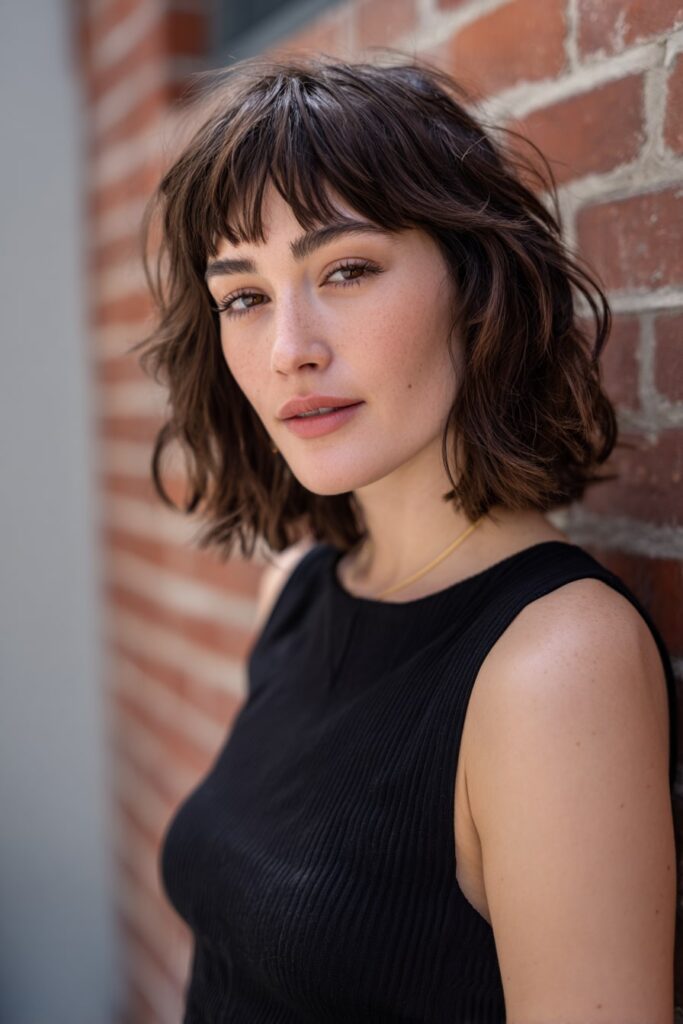 Young woman with medium-short shaggy pixie, choppy bangs, layers, dark brunette hair, brick backdrop.