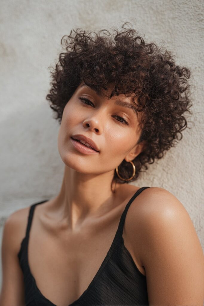 Woman with short 3c curly afro, dark brown hair, textured plaster backdrop.