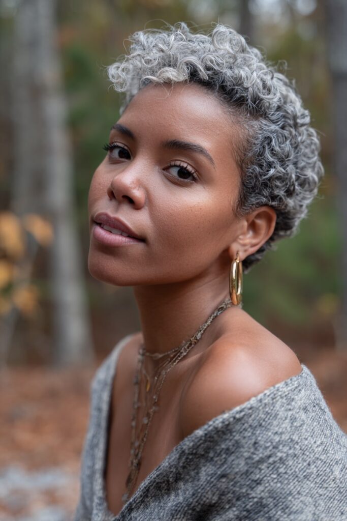 Woman with short 3c curly bob, side part, natural gray hair, forest backdrop.