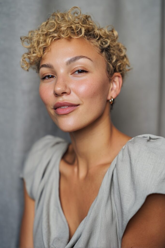 Woman with short 3c curly mullet, golden blonde hair, soft gray backdrop.