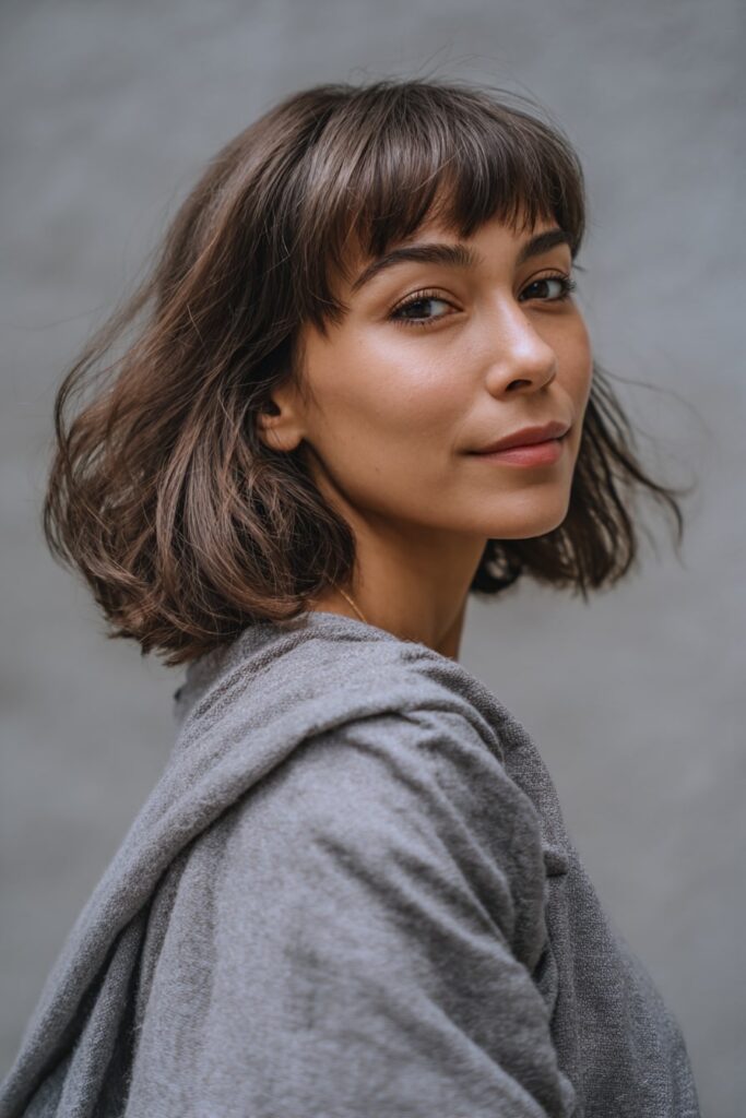 Young woman with medium-short shag, piecey bangs, layers, light brown hair, gray backdrop.