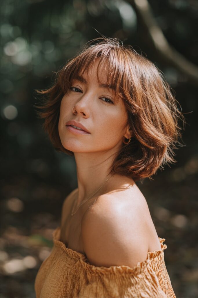 Young woman with medium-short wolf cut, feathered bangs, layers, caramel brown hair, forest backdrop.