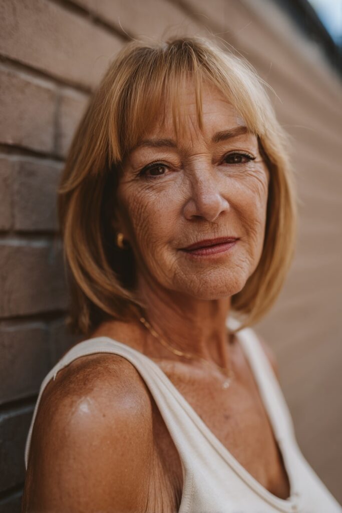Woman over 50 with shoulder-length layers, fringe, sandy blonde hair, urban brick backdrop.