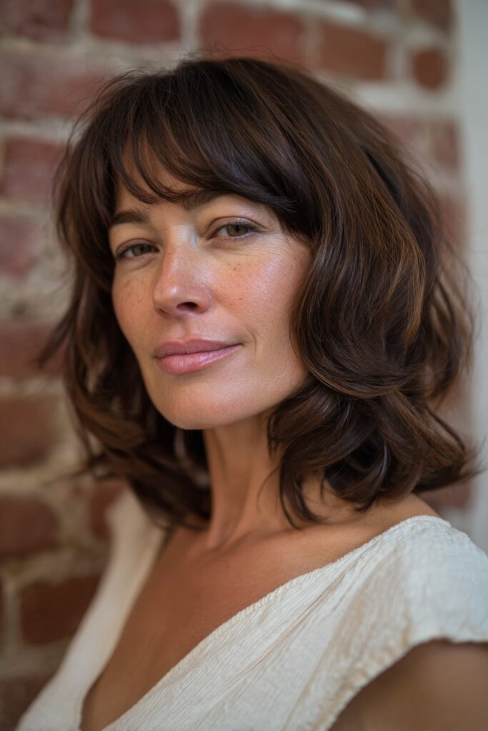 Woman over 50 with shoulder-length shag, bangs, dark brunette hair, urban brick backdrop.