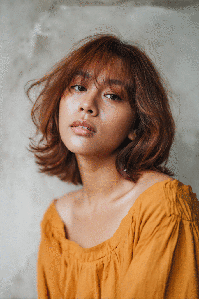 Young woman with shoulder-length shag, choppy bangs, warm auburn hair, textured plaster backdrop.