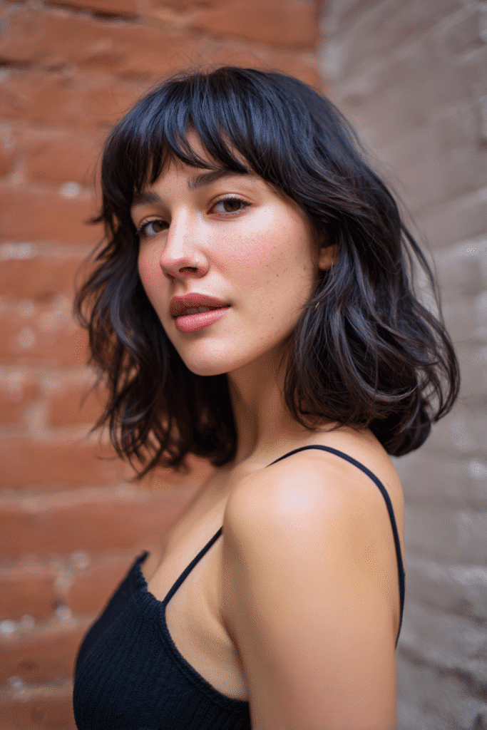 Young woman with shoulder-length waves, face-framing bangs, natural black hair, urban brick backdrop.