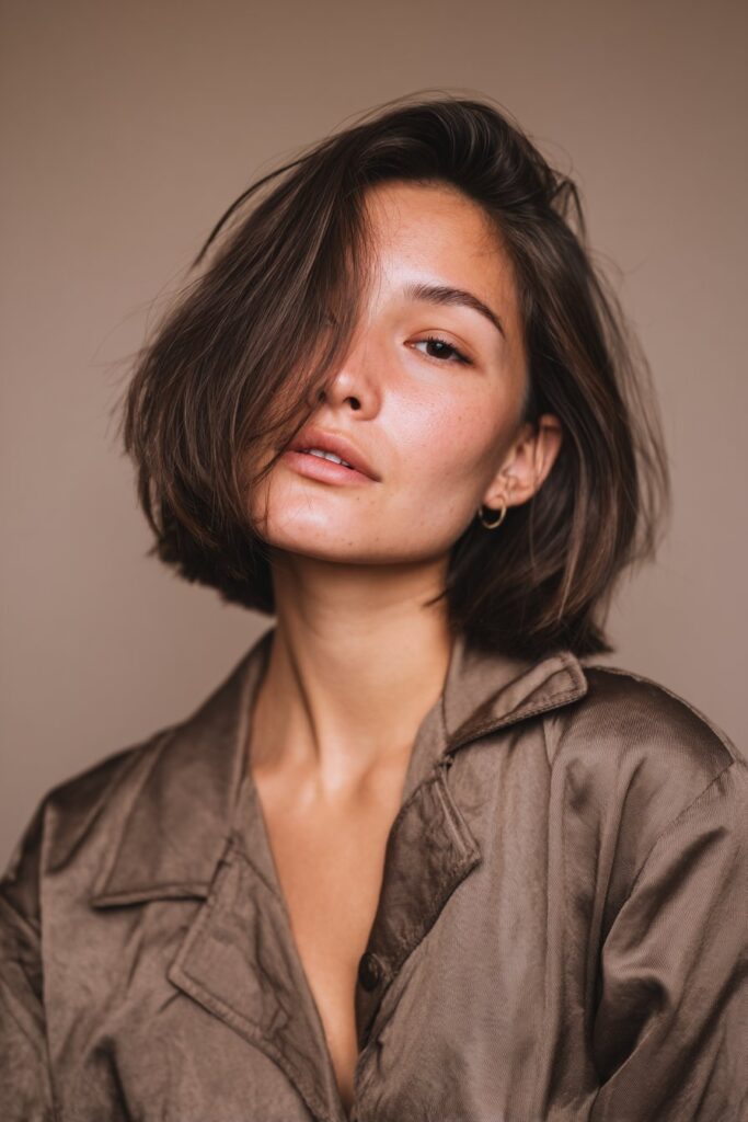 A stunning young woman in her 20s with natural skin tone, showcasing a bob hairstyle for going out featuring a side part bob, featuring a bob with a deep side part, captured in a close-up shot focusing on the hair, photographed against a seamless midnight blue backdrop with a satin finish for optimal color contrast. She has subtle makeup, a chic evening outfit, realistic hair texture, warm skin tone, and a confident expression, captured with soft natural lighting and an Instagram-style beauty vibe.