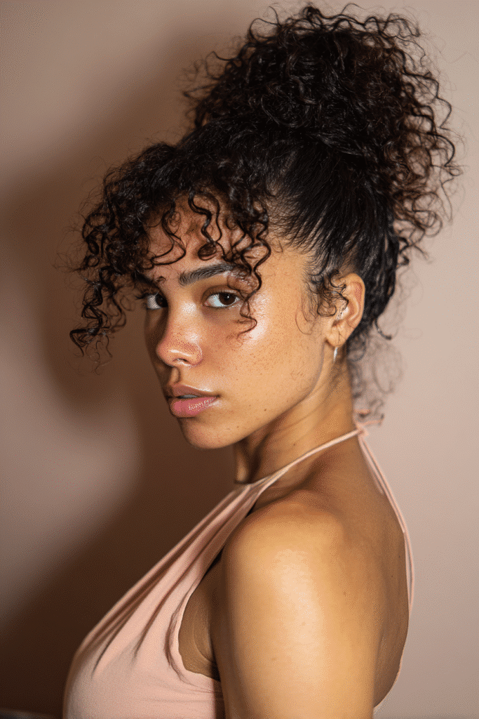 A stunning young woman in her 20s with natural skin tone, showcasing a homecoming hairstyle for curly hair with a side-swept curly bun, featuring a side-swept bun with curly details, captured in a close-up shot focusing on the hair, photographed against a seamless light rose backdrop with a smooth texture. She has subtle makeup, a chic homecoming dress, realistic hair texture, warm skin tone, and a confident expression, captured with soft natural lighting and an Instagram-style beauty vibe.
