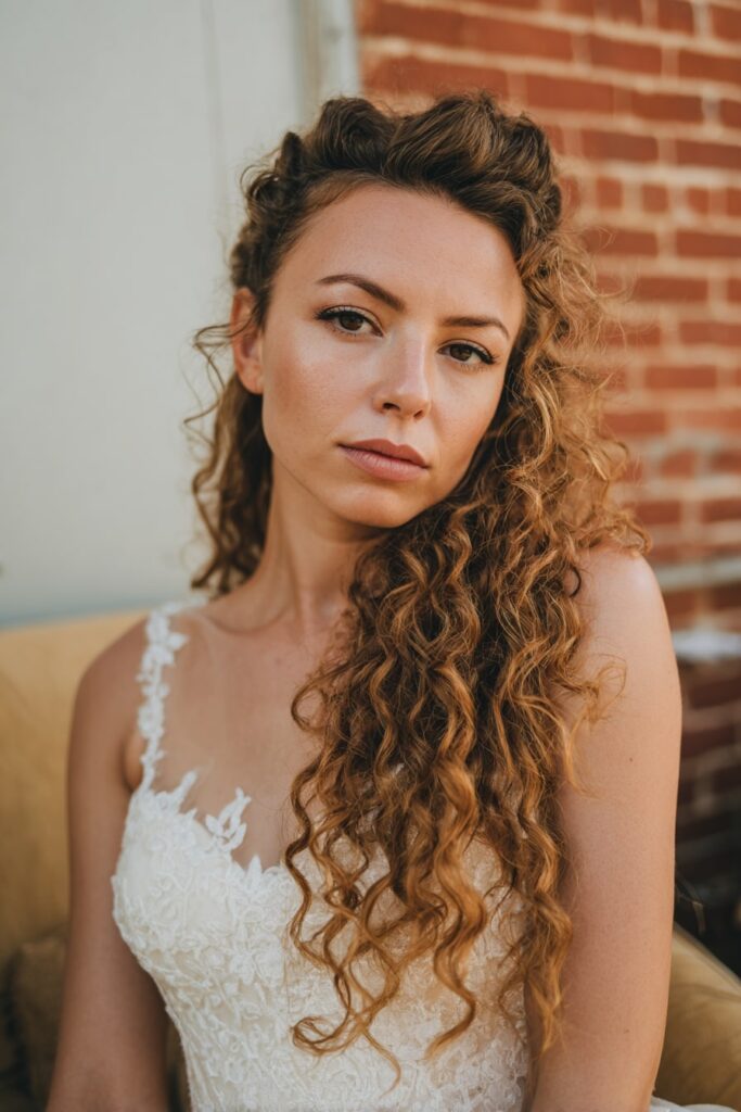 Bride with side-swept curly half-updo, caramel brown hair, brick backdrop.
