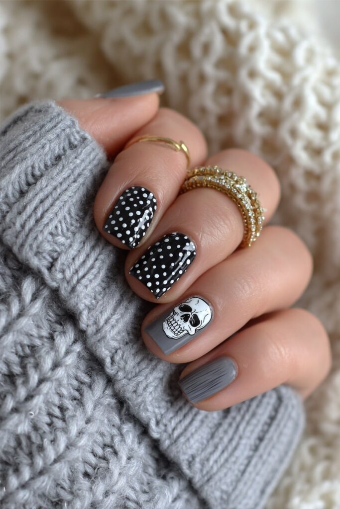 Halloween polka dot nails featuring tiny skull accents with black and white dot patterns.