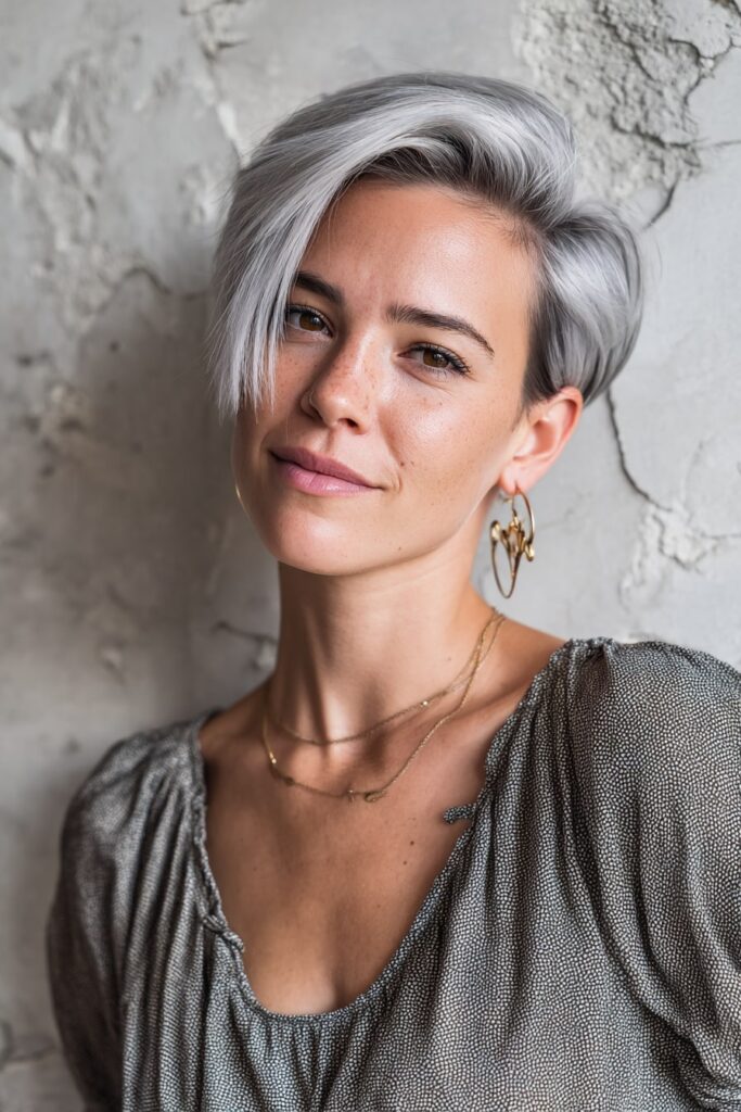 Young woman with medium-short sleek pixie, face-framing bangs, layers, salt-and-pepper hair, plaster backdrop.
