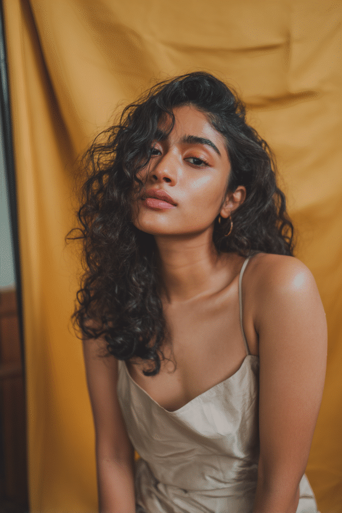 A stunning young woman in her 20s with natural skin tone, showcasing a homecoming hairstyle for curly hair with slicked side part curls, featuring a slicked side part with flowing curly hair, captured in a close-up shot focusing on the hair, photographed against a seamless warm mustard backdrop with a satin finish. She has subtle makeup, a chic homecoming dress, realistic hair texture, warm skin tone, and a confident expression, captured with soft natural lighting and an Instagram-style beauty vibe.
