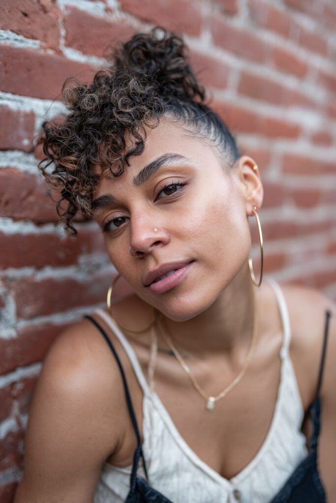 Woman with short half-up soft bouffant, defined ringlets, natural gray hair, brick backdrop.